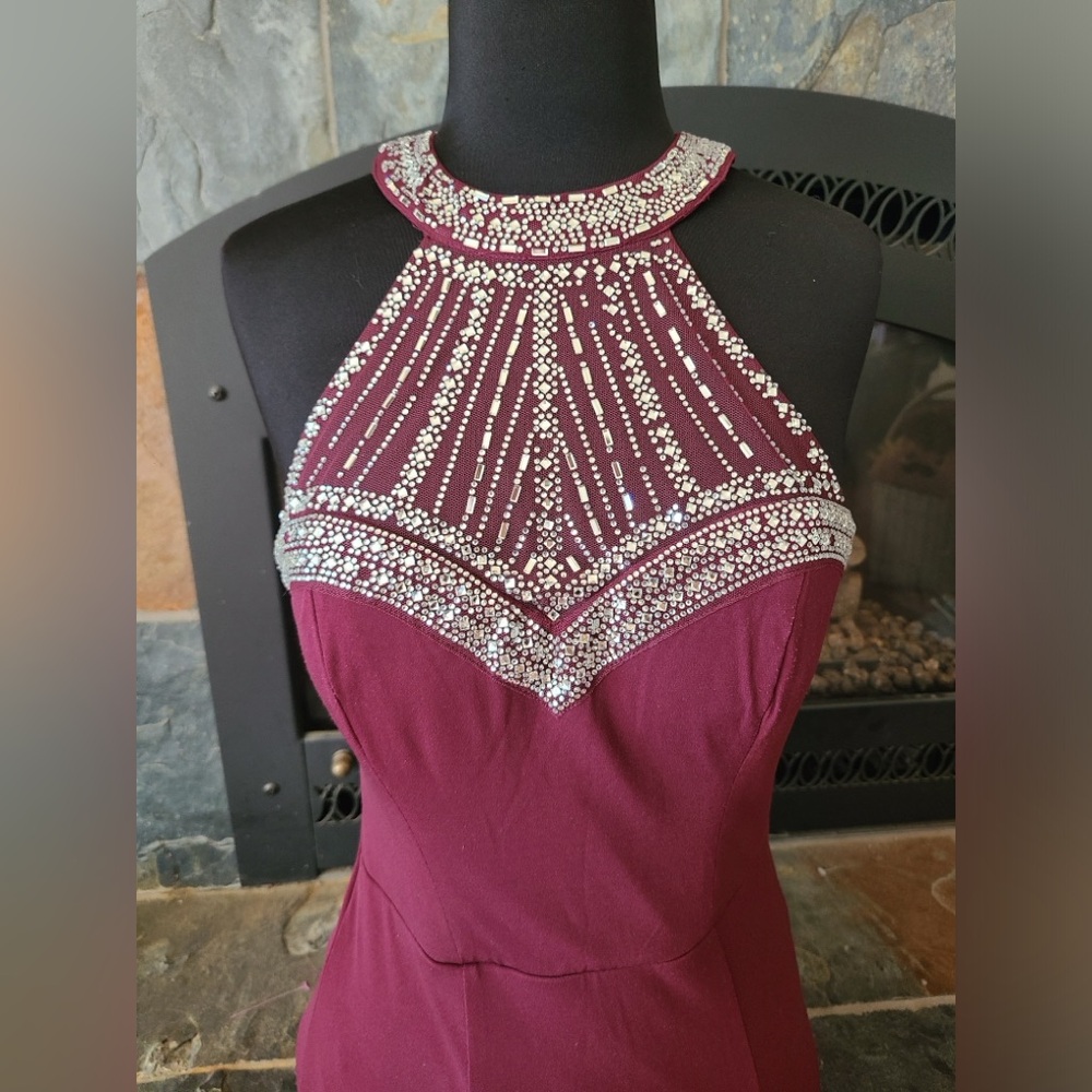 Say Yes to the Prom Jeweled High Neck Maxi Dress, jeweled collar wine red sz 5 - Picture 6 of 15